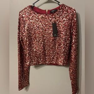 LuLus Prize-Winner Gold and Burgundy Sequin Long Sleeve Crop Top